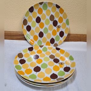 Rachael Ray "Little Hoot" Owl & Leaf Design Luncheon Dessert Plates ~ Set of 4